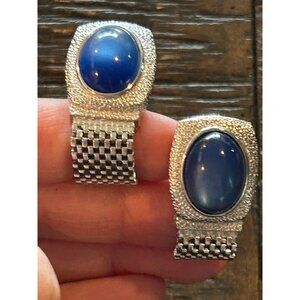 Vintage Swank Silver-Tone Cufflinks With Blue Stone Oval Design Textured Bands A